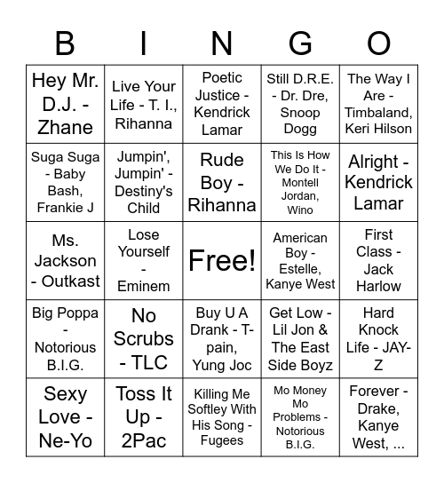 RnB Hits Bingo Card