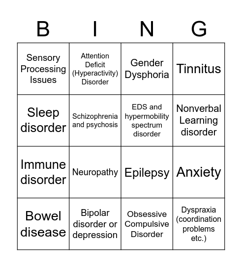 Autism Comorbidities Bingo Card