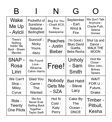 Pop Music Bingo Card