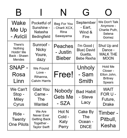 Pop Music Bingo Card