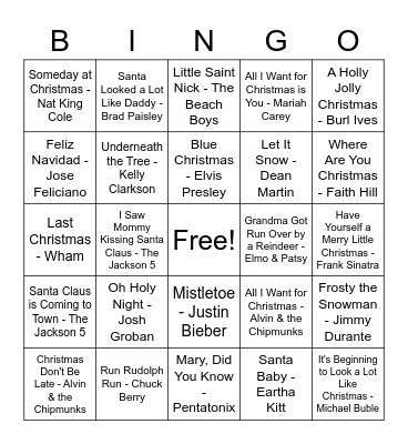 Holiday Music Bingo Card