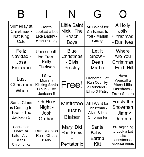 Holiday Music Bingo Card