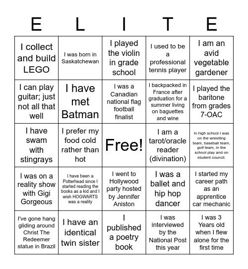 Elite Human Bingo 2022 Bingo Card