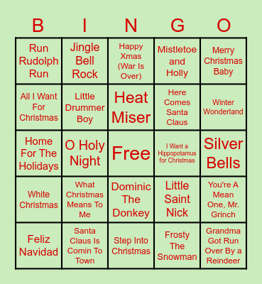 Mendick Family Christmas Music Bingo Card