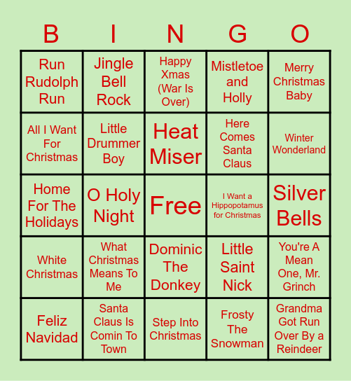 Mendick Family Christmas Music Bingo Card