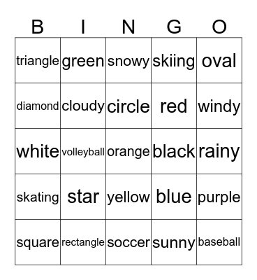 Shapes, Colors, Weather, Sports Bingo Card