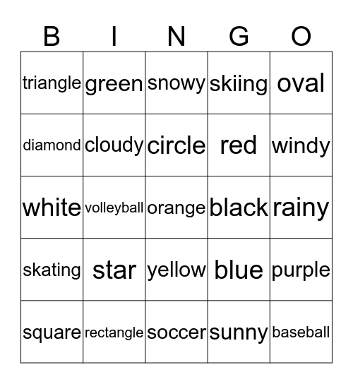Shapes, Colors, Weather, Sports Bingo Card
