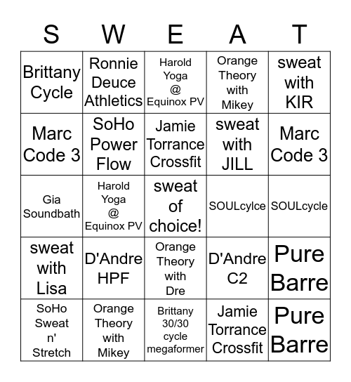 sweat bingo challenge Bingo Card