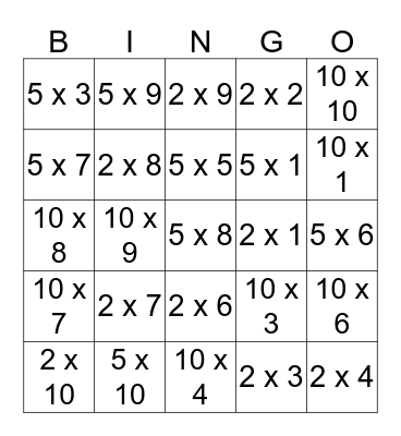 Jack's Times Table Game Bingo Card