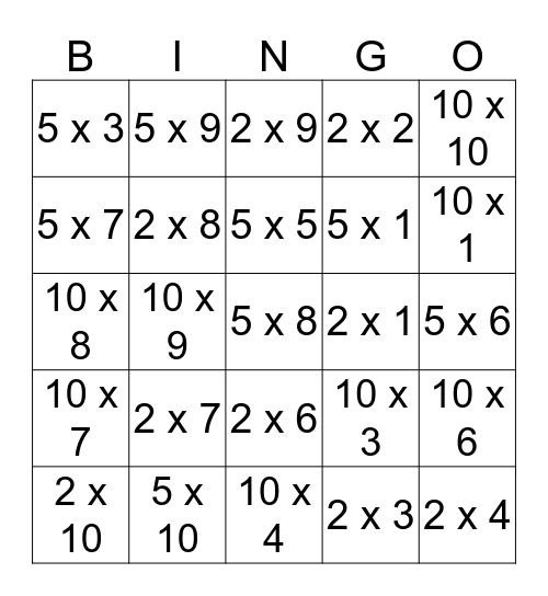 Jack's Times Table Game Bingo Card