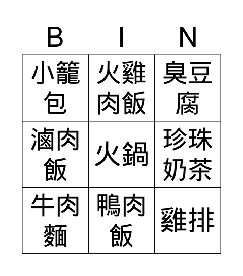 台灣的美食 Bingo Card