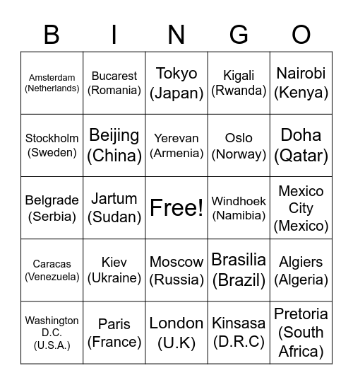 Capitals of all the world Bingo Card
