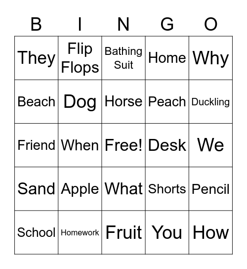 Alyssa's English Bingo Game Bingo Card