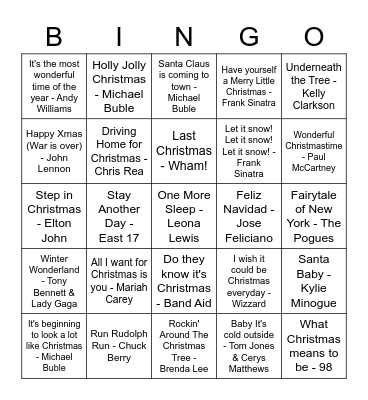 Christmas Song Bingo Card