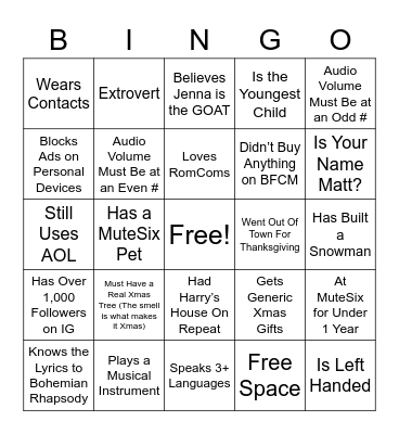MuteSix Holiday Party Bingo Card