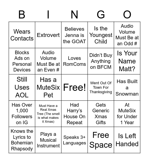 MuteSix Holiday Party Bingo Card