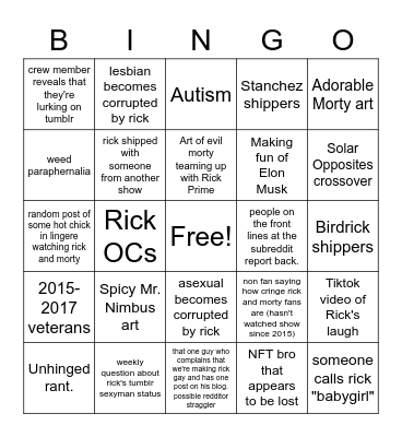 Rick and Morty tumblr fandom Bingo Card