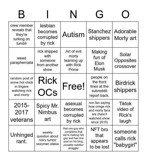 Rick and Morty tumblr fandom Bingo Card