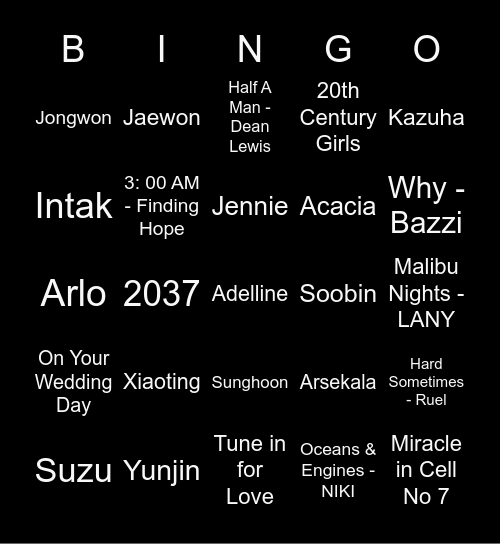Jongwon Bingo Card