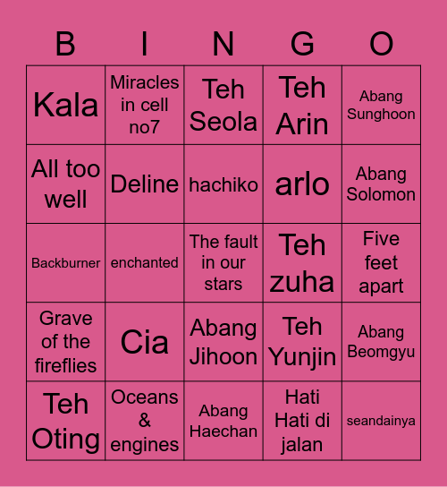 Wonyo’s Bingo Card
