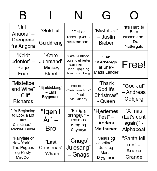 AUs Julesangs bingo banko Bingo Card