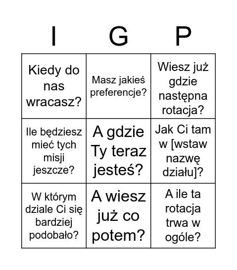 IGP Bingo Card