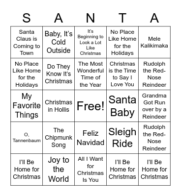 Holiday Song Bingo Card