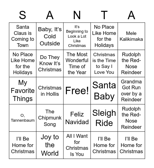 Holiday Song Bingo Card