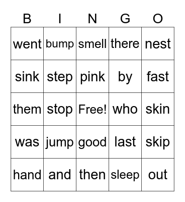 Final Consonant Blends and s-blends Bingo Card
