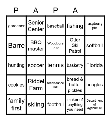 Papa's 90th Birthday Bingo Card