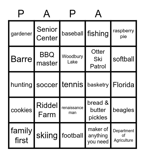 Papa's 90th Birthday Bingo Card