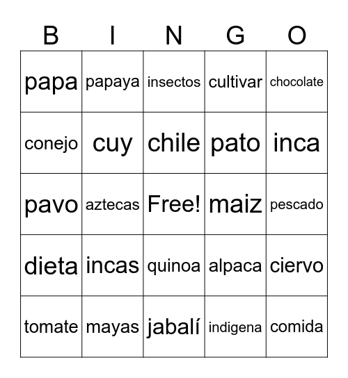 Comida de los Indigenas Bingo Card