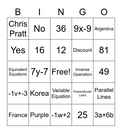 Math Bingo 12/16/22 Bingo Card