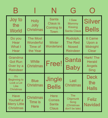 Holiday Song Bingo Card