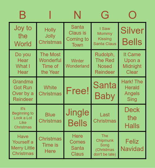 Holiday Song Bingo Card