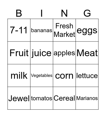 Grocery Store Bingo Card