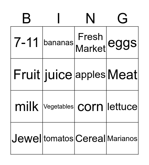 Grocery Store Bingo Card