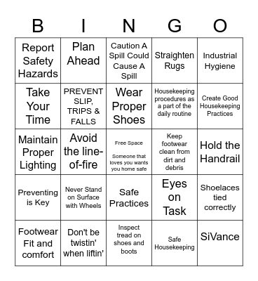 WWS - Slips, Trips, Falls, and Housekeeping Bingo Card