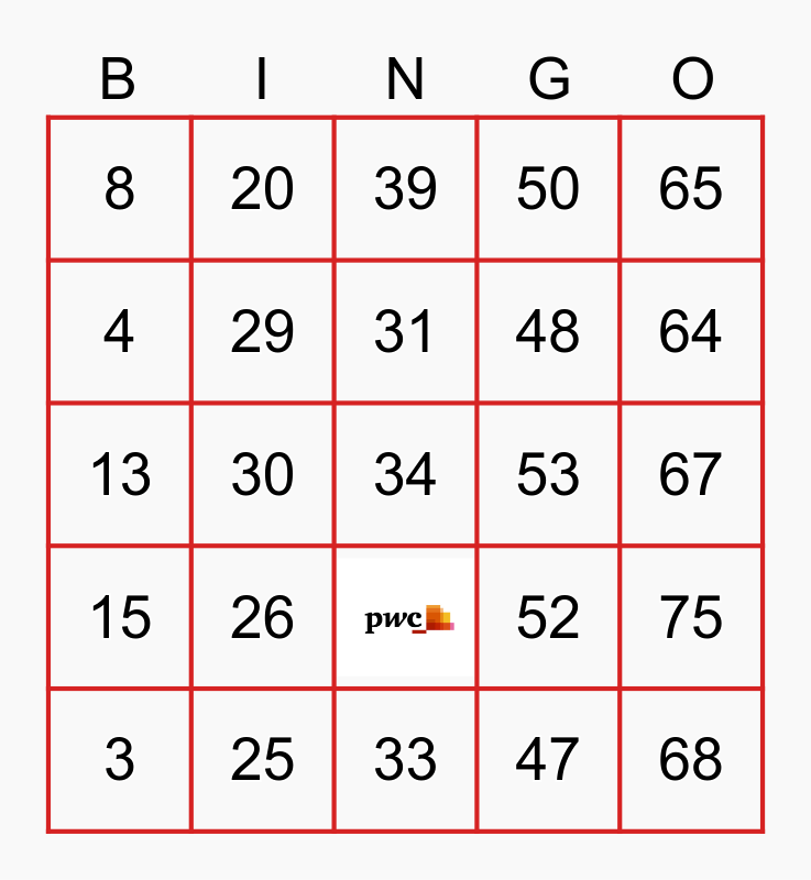 BINGO - PwC Edition Bingo Card