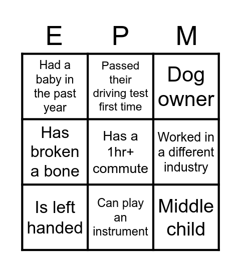 EPM Bingo Card