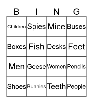 Plural Nouns Bingo Card