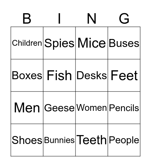 Plural Nouns Bingo Card