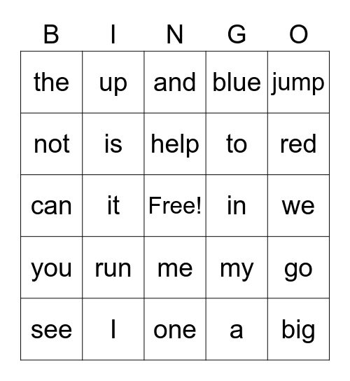 Sight Words Bingo Card