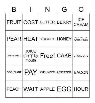 Food Bingo Card