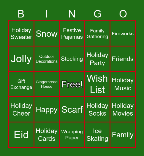 Holiday/Christmas Bingo Card