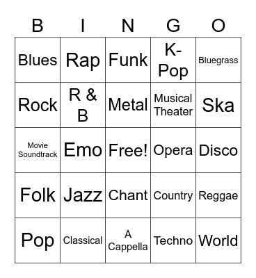 Musical Genres Bingo Card