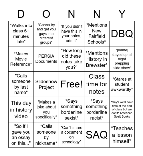 Donny P Bingo Card