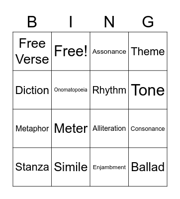 Poetry Lingo Bingo Card