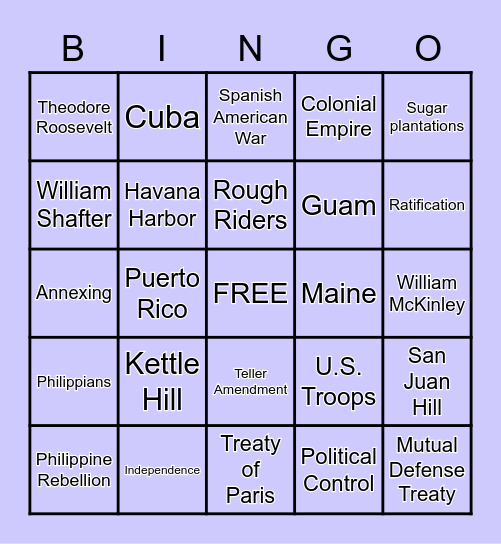 Spanish American War Bingo Card