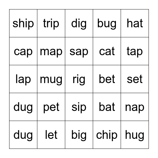 Word Family Bingo Card